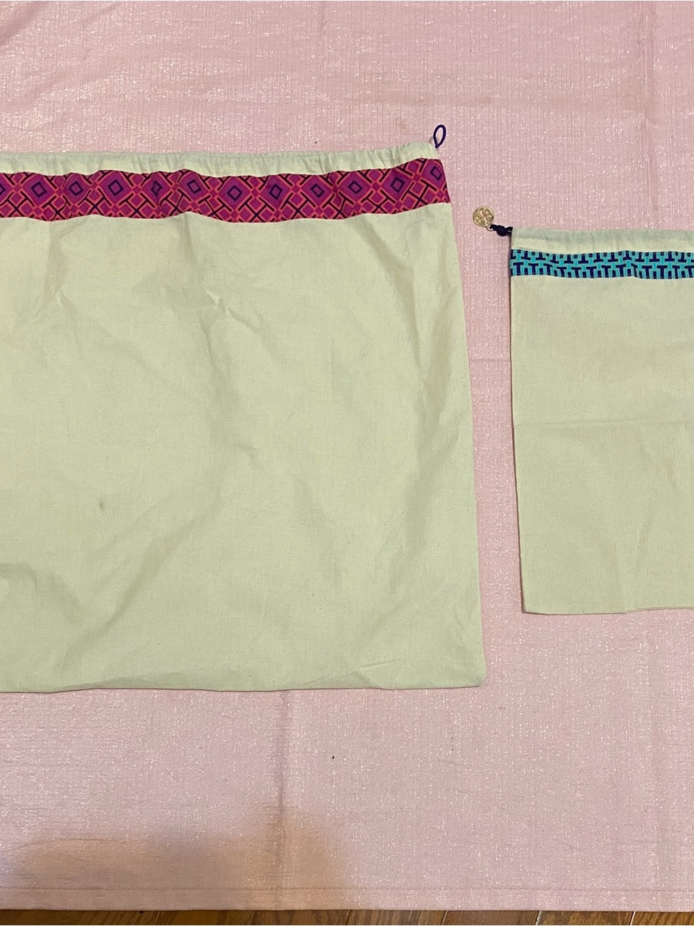 Tory Burch Cream Drawstring Dust Bags with Pink and Blue Trim